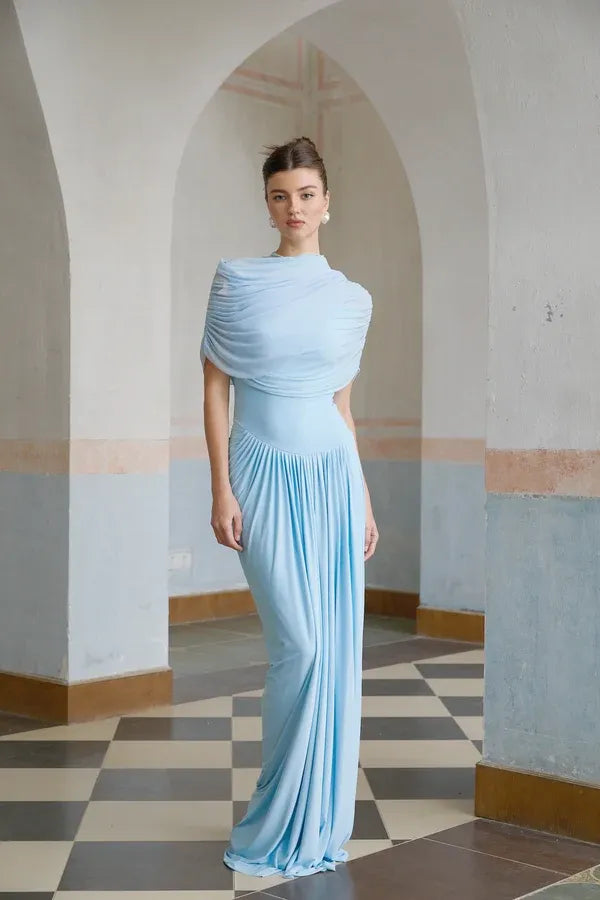 Women's Formal Pleated Maxi Wedding Guest Dress with Ruched Details