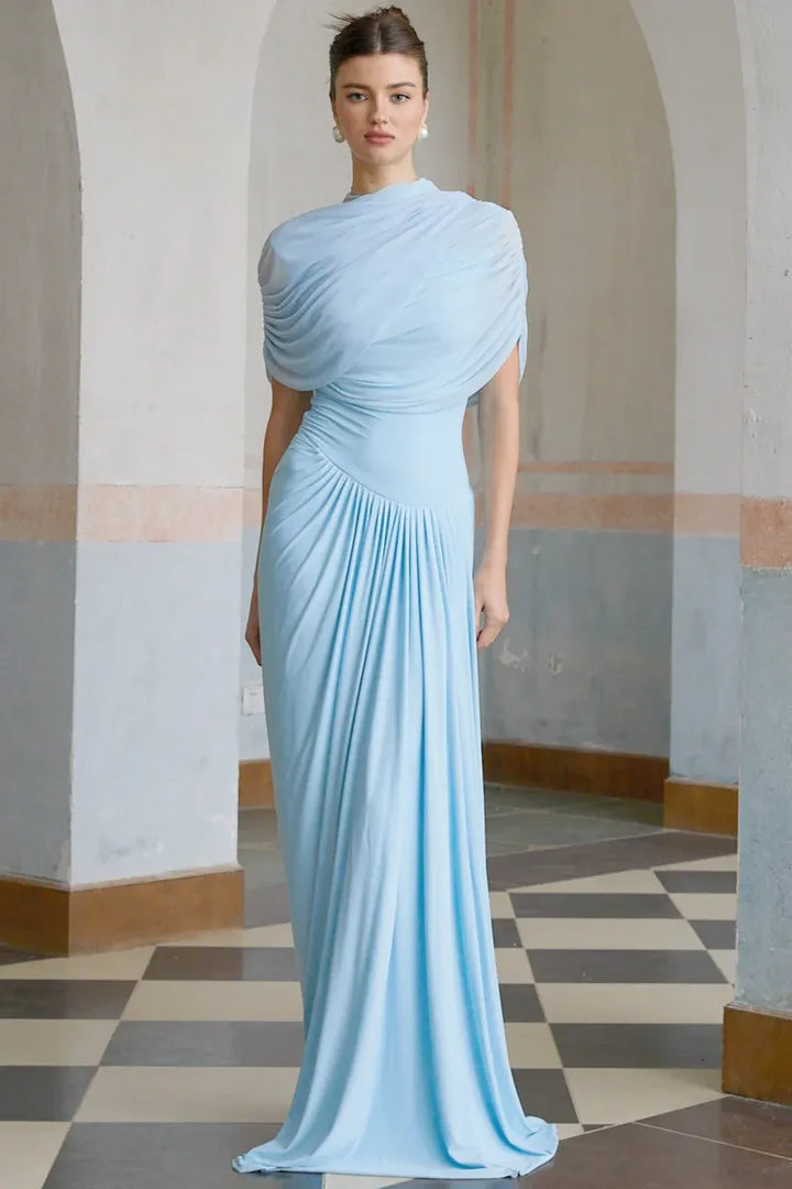 Women's Formal Pleated Maxi Wedding Guest Dress with Ruched Details