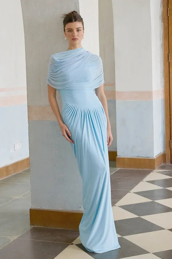 Women's Formal Pleated Maxi Wedding Guest Dress with Ruched Details