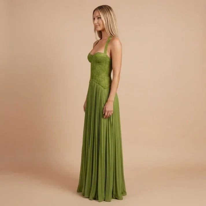 Women's Formal Pleated Maxi Wedding Guest Dress with Sweetheart Neckline