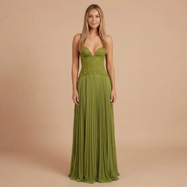 Women's Formal Pleated Maxi Wedding Guest Dress with Sweetheart Neckline