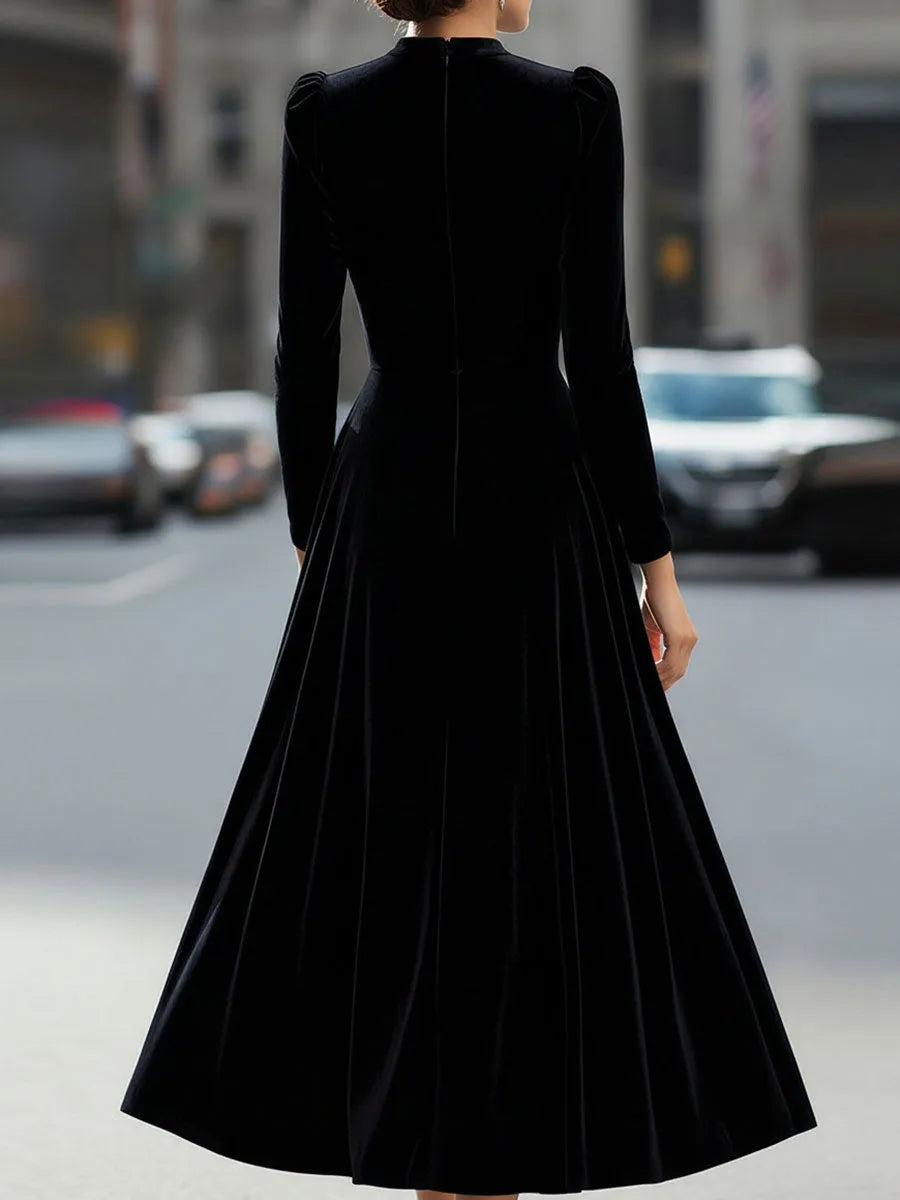 Women's Formal Pleated Midi Wedding Guest Dress with Puff Sleeve