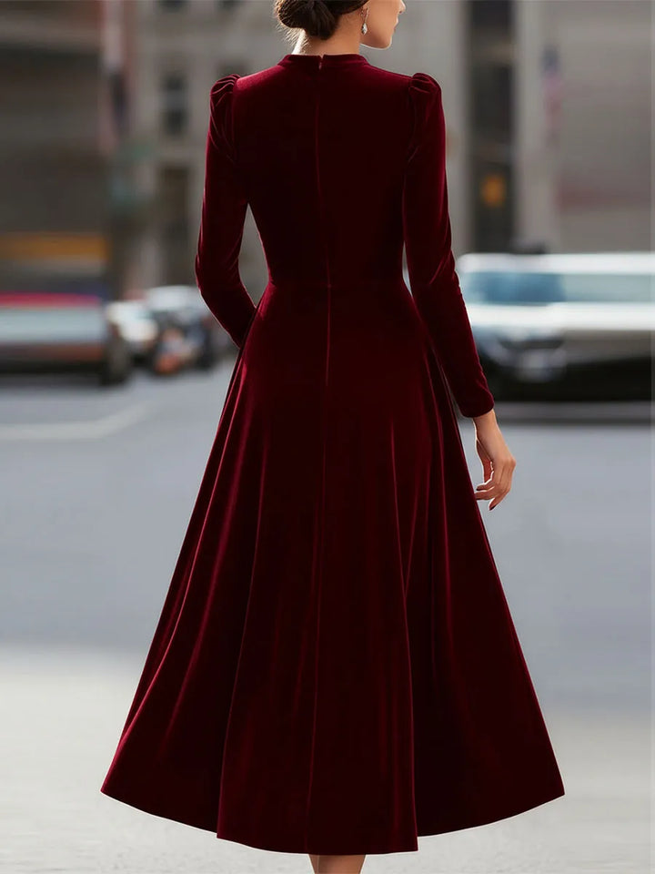 Women's Formal Pleated Midi Wedding Guest Dress with Puff Sleeve