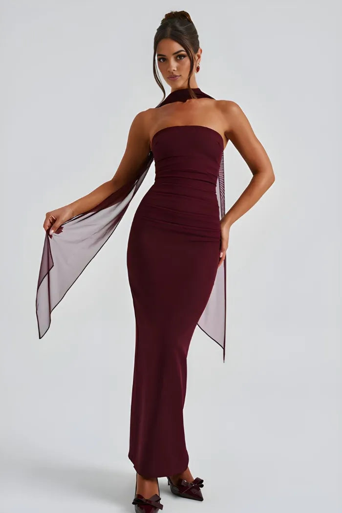 Women's Formal Strapless Maxi Wedding Guest Dress with Scarf