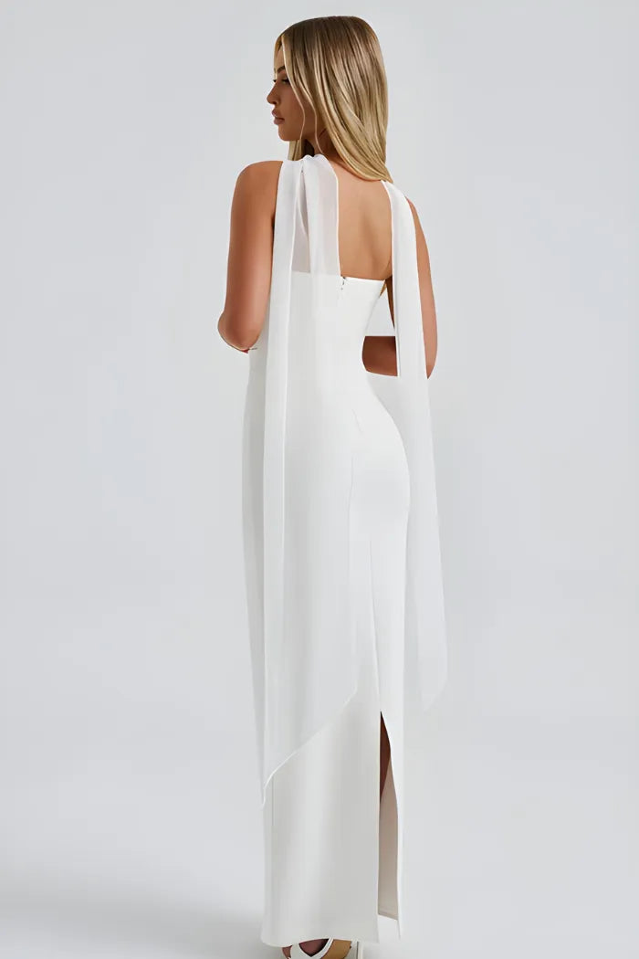 Women's Formal Strapless Maxi Wedding Guest Dress with Scarf
