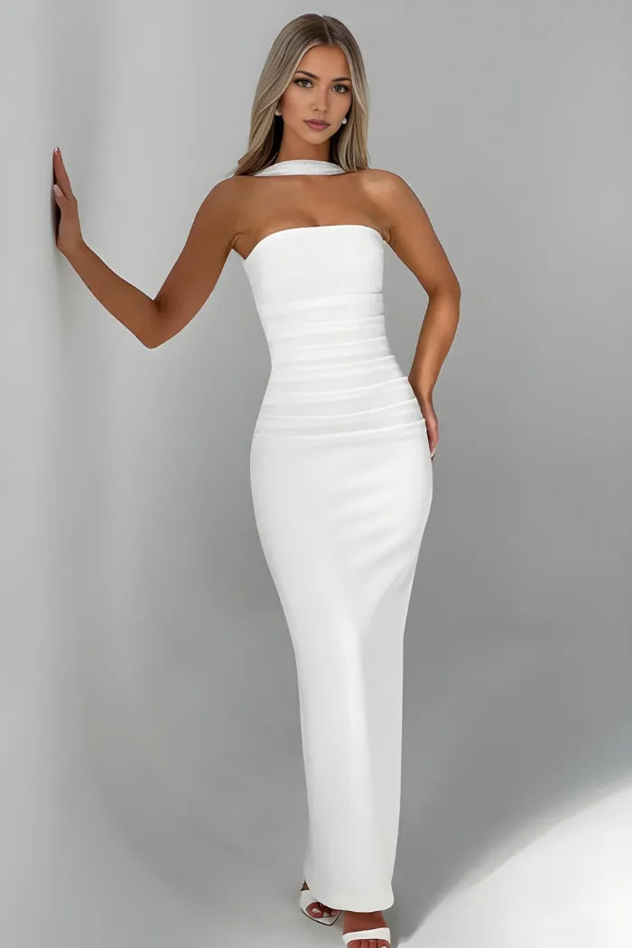 Women's Formal Strapless Maxi Wedding Guest Dress with Scarf