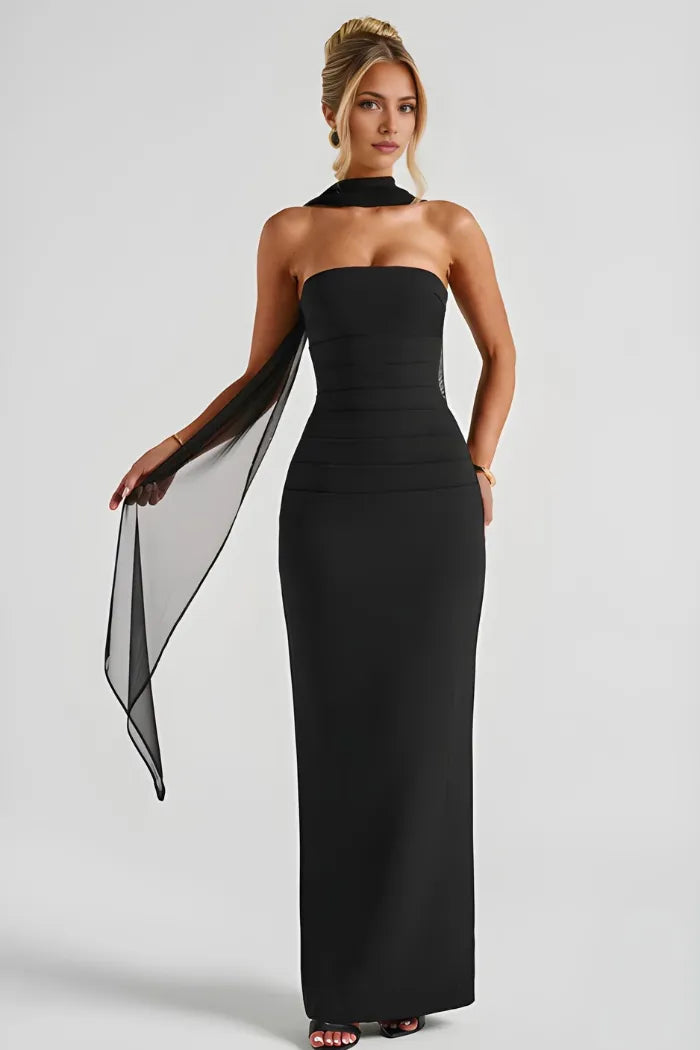 Women's Formal Strapless Maxi Wedding Guest Dress with Scarf