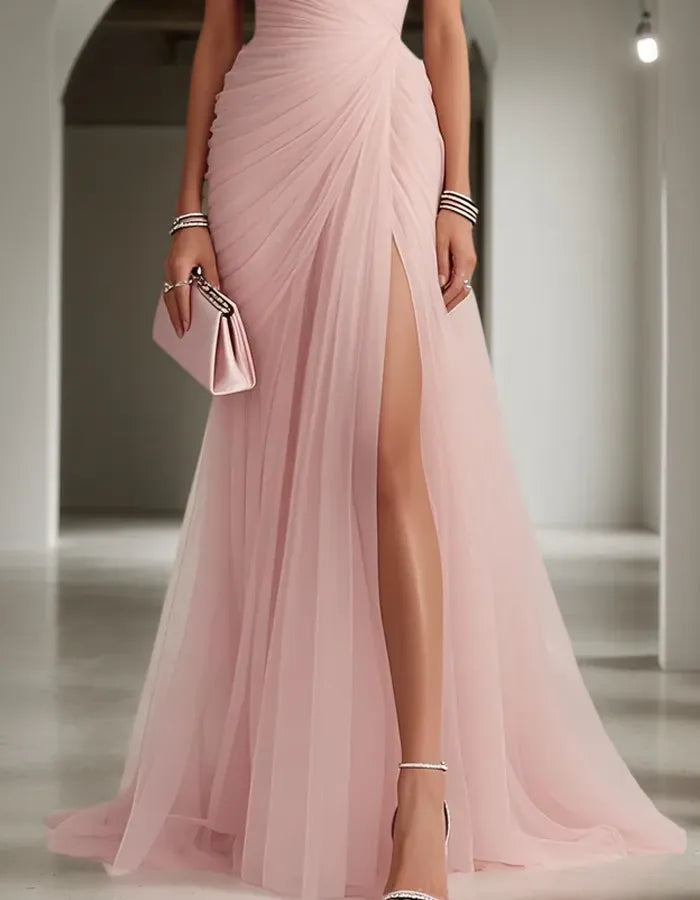Women's Formal Maxi Wedding Guest Dress with One Shoulder and Slit