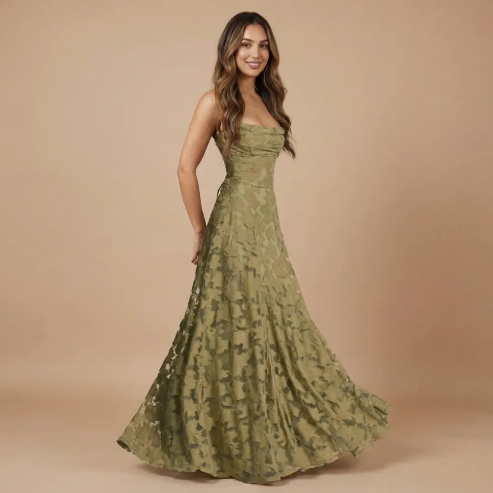 Women's Lace Floral Maxi Wedding Guest Dress with Square Neck