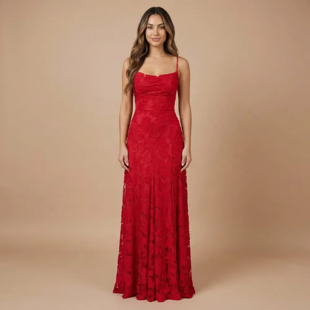Women's Lace Floral Maxi Wedding Guest Dress with Square Neck