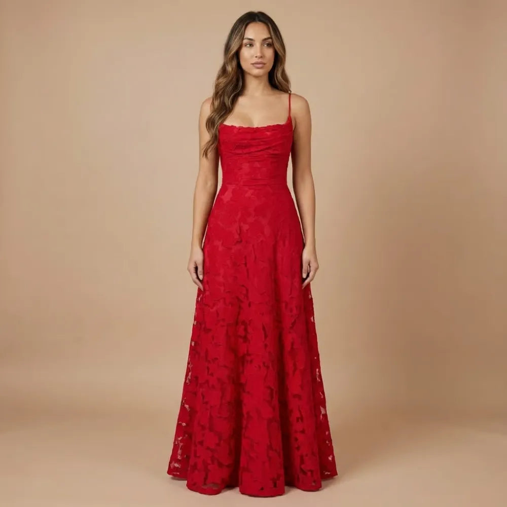Women's Lace Floral Maxi Wedding Guest Dress with Square Neck