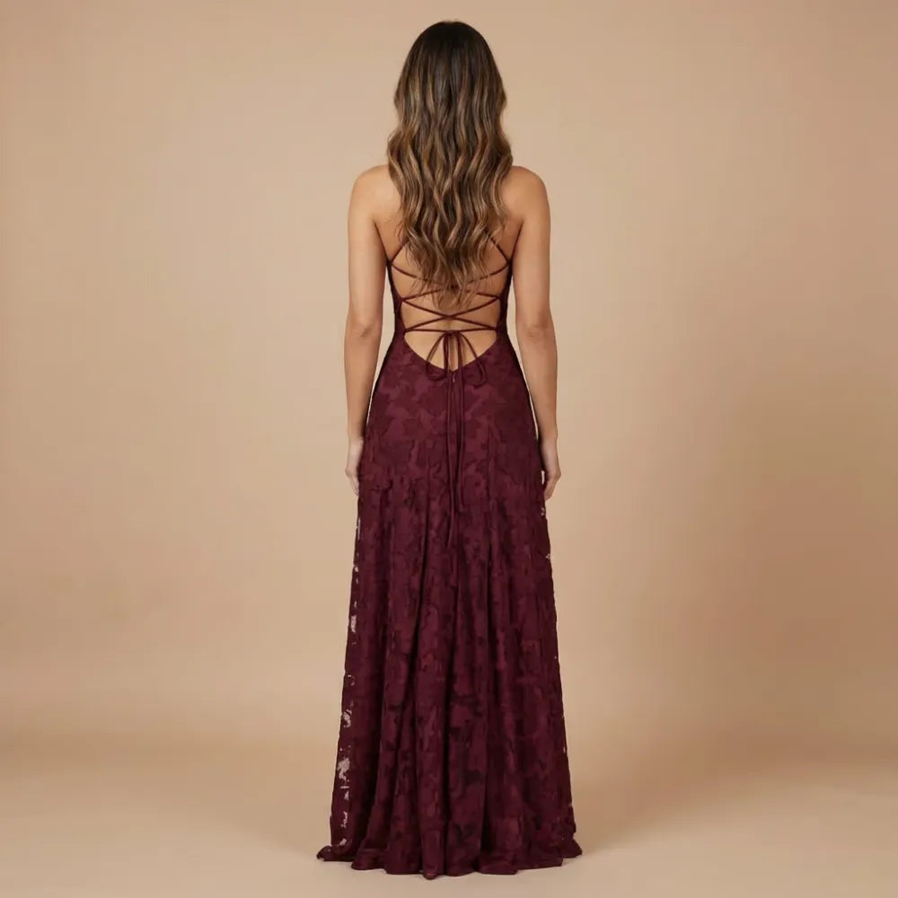 Women's Lace Floral Maxi Wedding Guest Dress with Square Neck