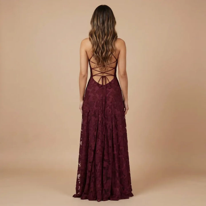 Women's Lace Floral Maxi Wedding Guest Dress with Square Neck
