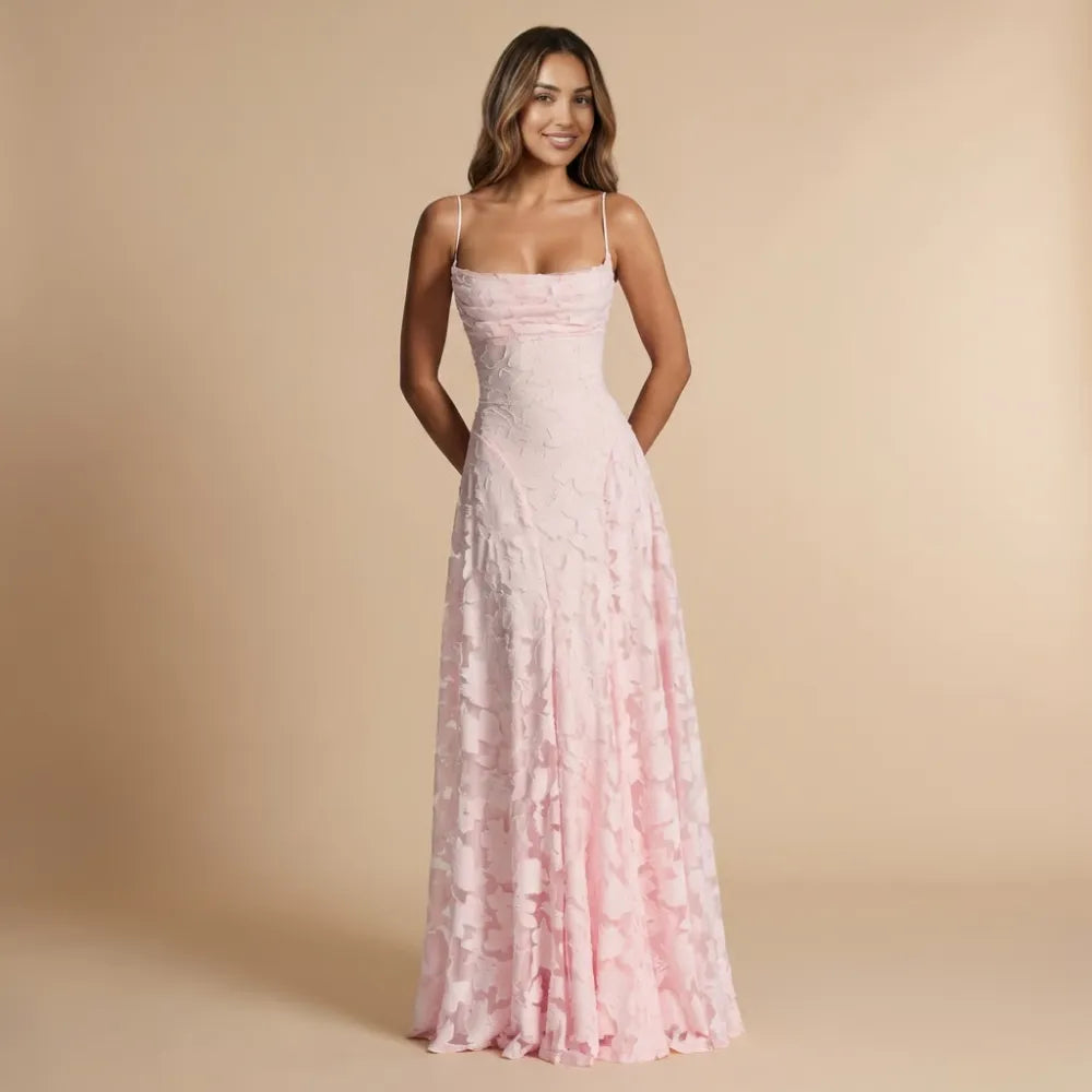 Women's Lace Floral Maxi Wedding Guest Dress with Square Neck