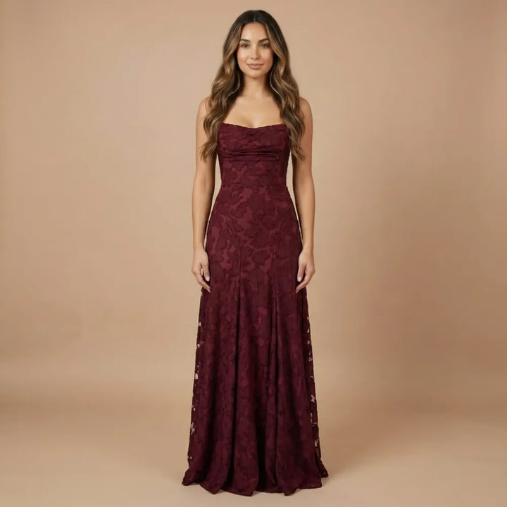 Women's Lace Floral Maxi Wedding Guest Dress with Square Neck