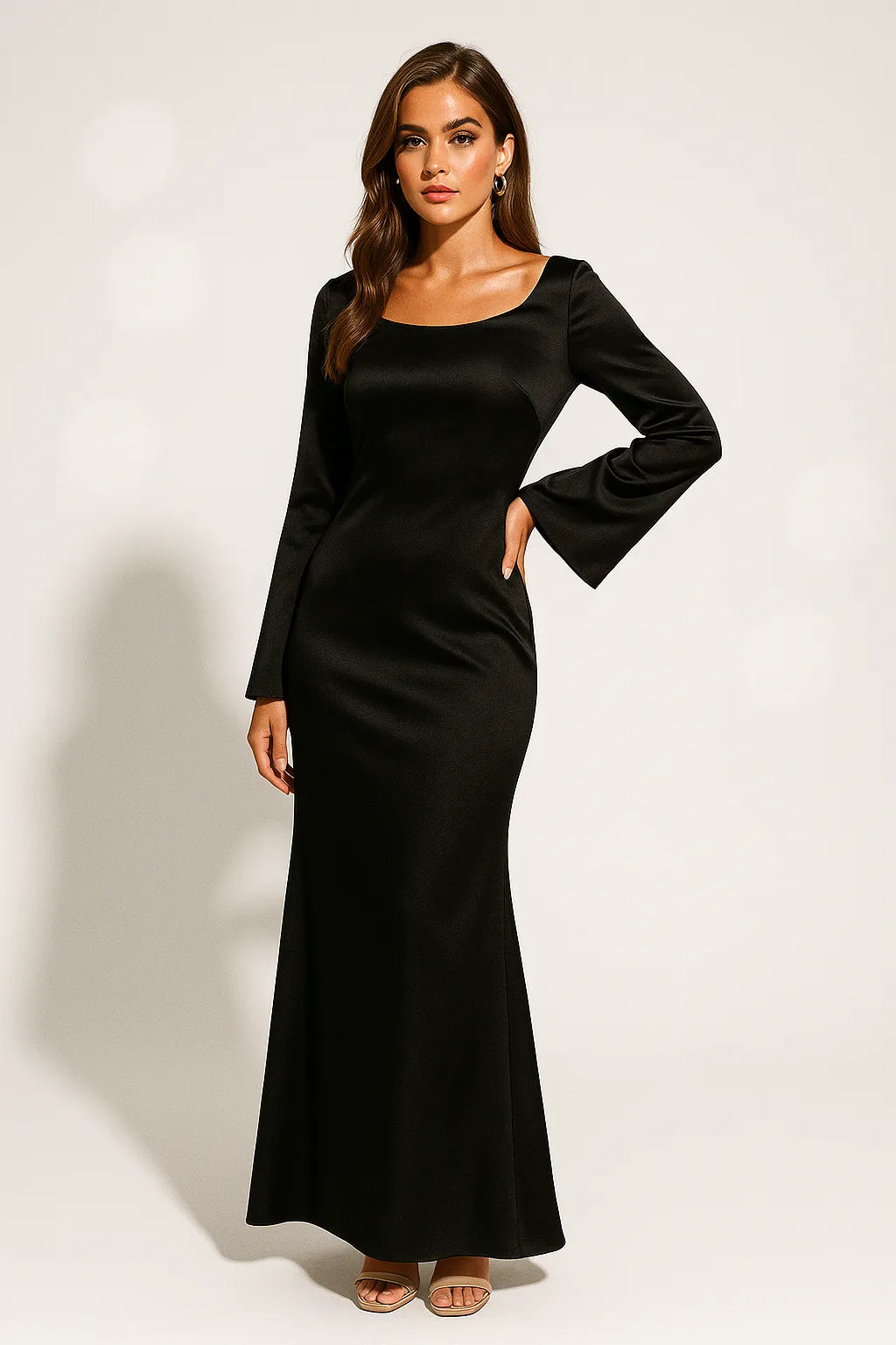 Women's Long Sleeve Elegant Maxi Wedding Guest Dress with Scoop Neckline