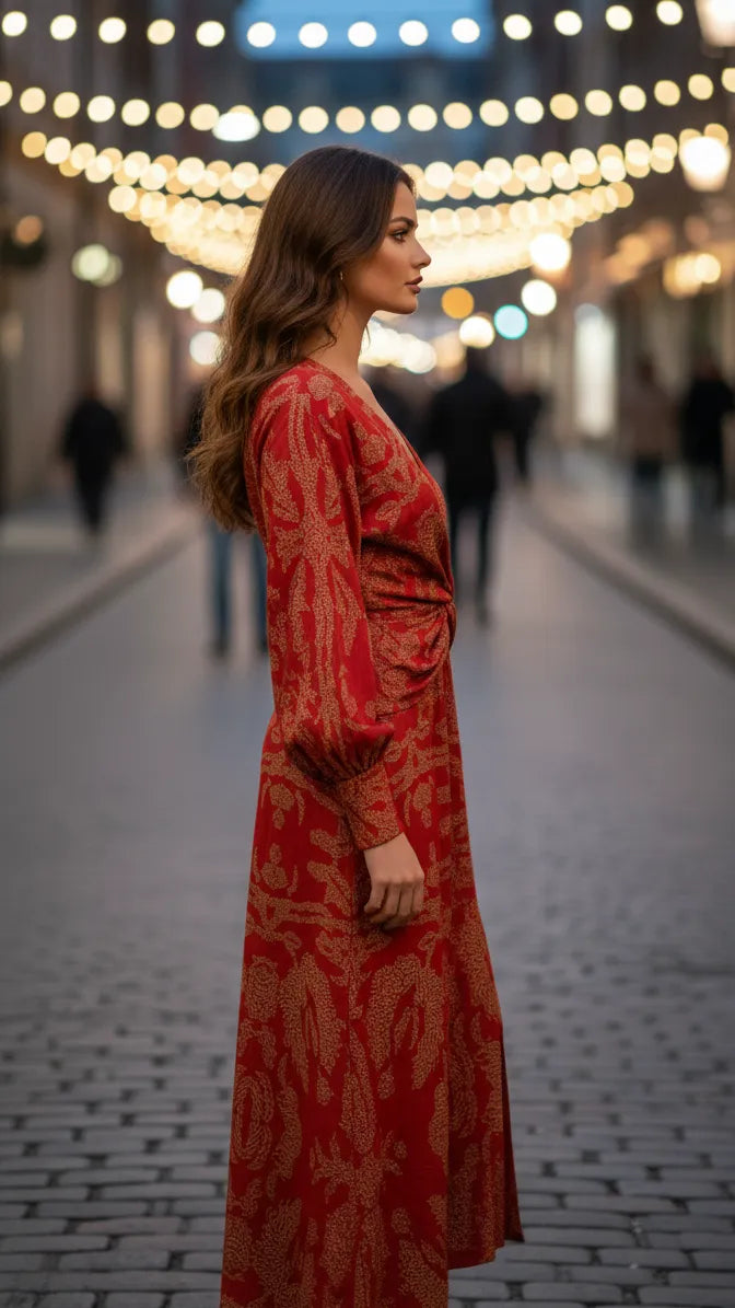 Women's Long Sleeve Elegant Maxi Wedding Guest Dress with V-Neck