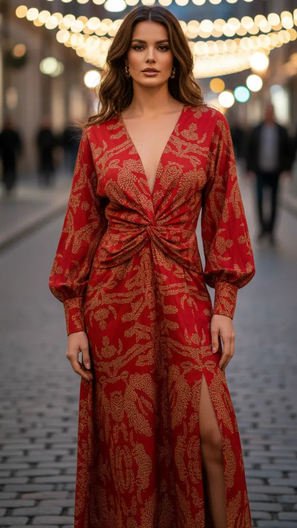 Women's Long Sleeve Elegant Maxi Wedding Guest Dress with V-Neck