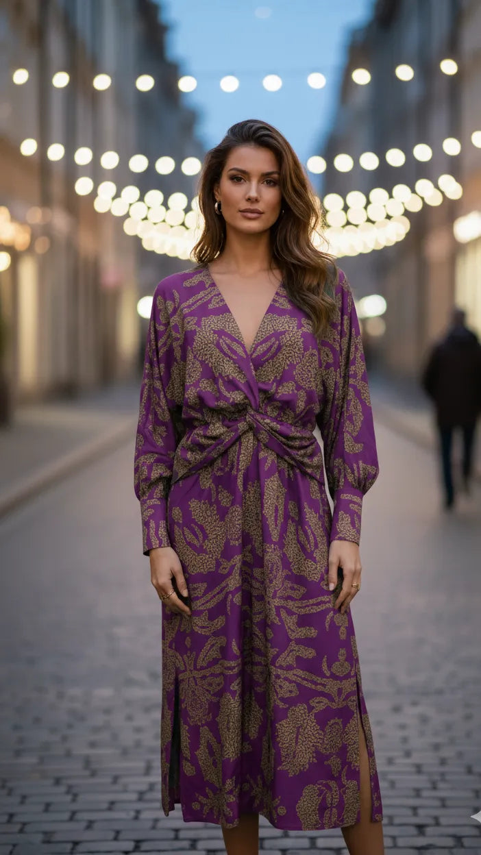 Women's Long Sleeve Elegant Maxi Wedding Guest Dress with V-Neck