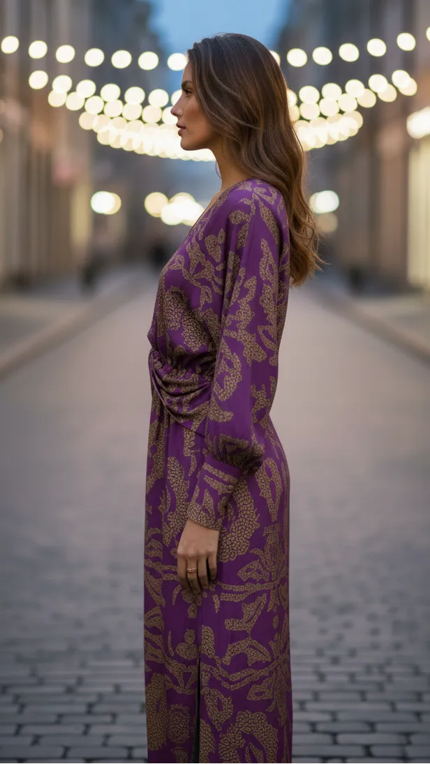 Women's Long Sleeve Elegant Maxi Wedding Guest Dress with V-Neck