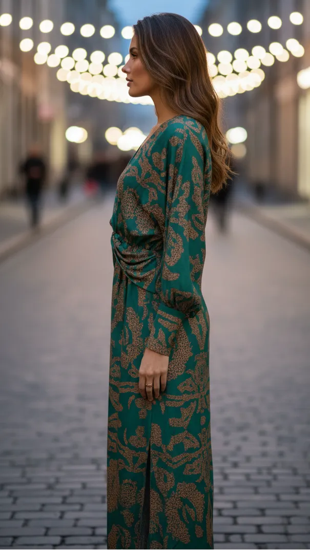 Women's Long Sleeve Elegant Maxi Wedding Guest Dress with V-Neck