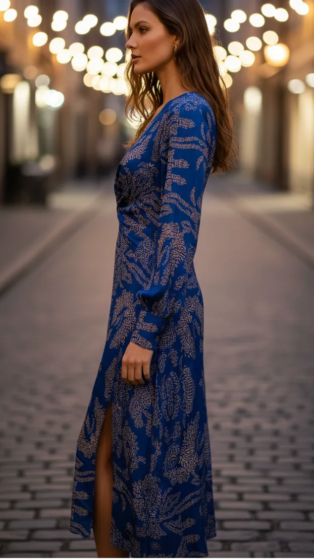 Women's Long Sleeve Elegant Maxi Wedding Guest Dress with V-Neck