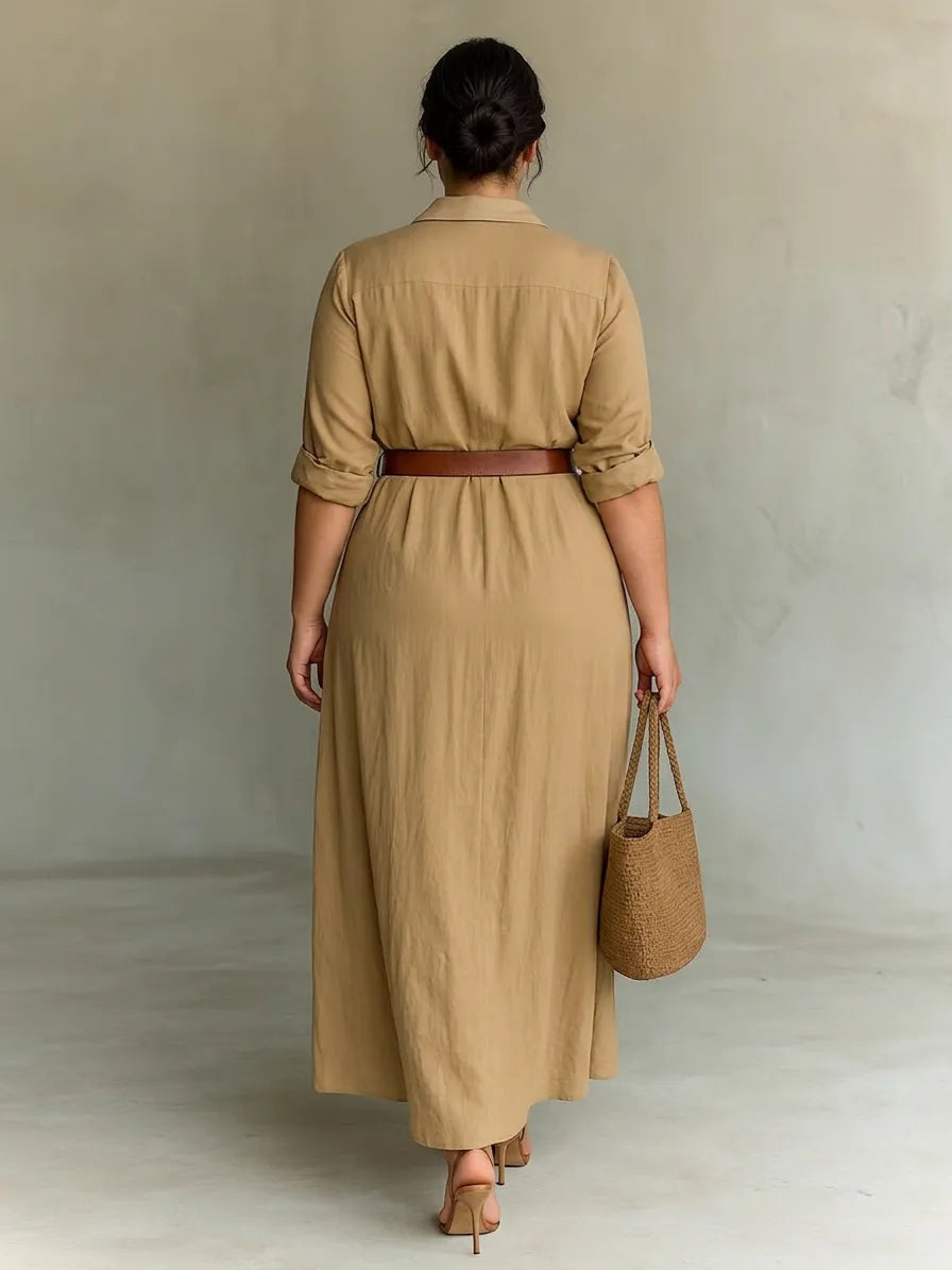Women's Long Sleeve Shirt Maxi Wedding Guest Dress with V Neck