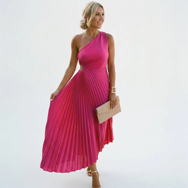 Women's One Shoulder Pleated Maxi Wedding Guest Dress with Asymmetric Neckline
