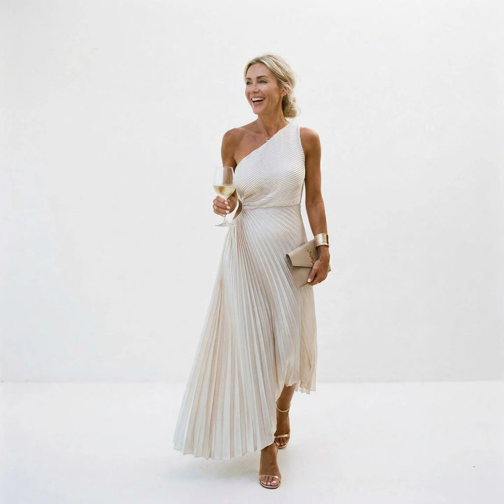 Women's One Shoulder Pleated Maxi Wedding Guest Dress with Asymmetric Neckline