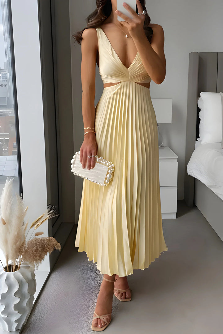 Women's Pleated Flowy Midi Wedding Guest Dress with V-Neck