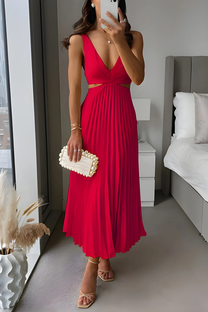 Women's Pleated Flowy Midi Wedding Guest Dress with V-Neck
