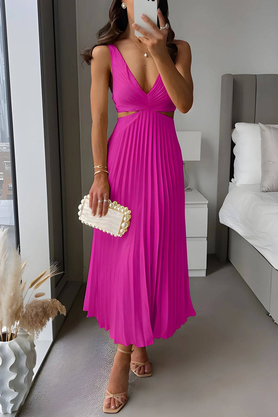 Women's Pleated Flowy Midi Wedding Guest Dress with V-Neck
