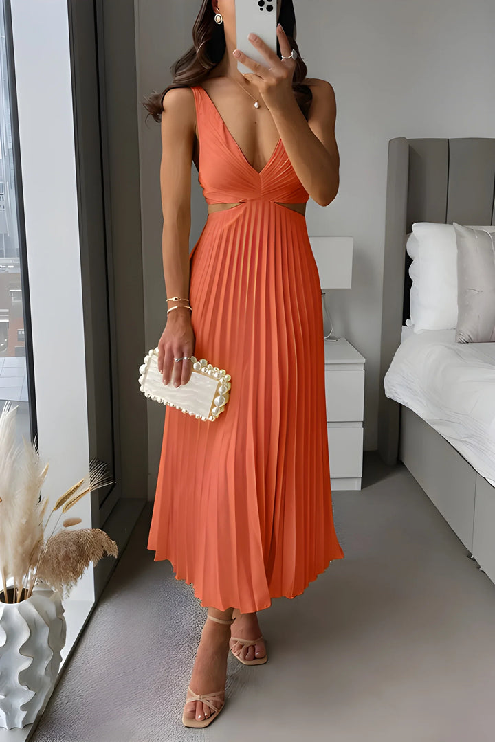 Women's Pleated Flowy Midi Wedding Guest Dress with V-Neck