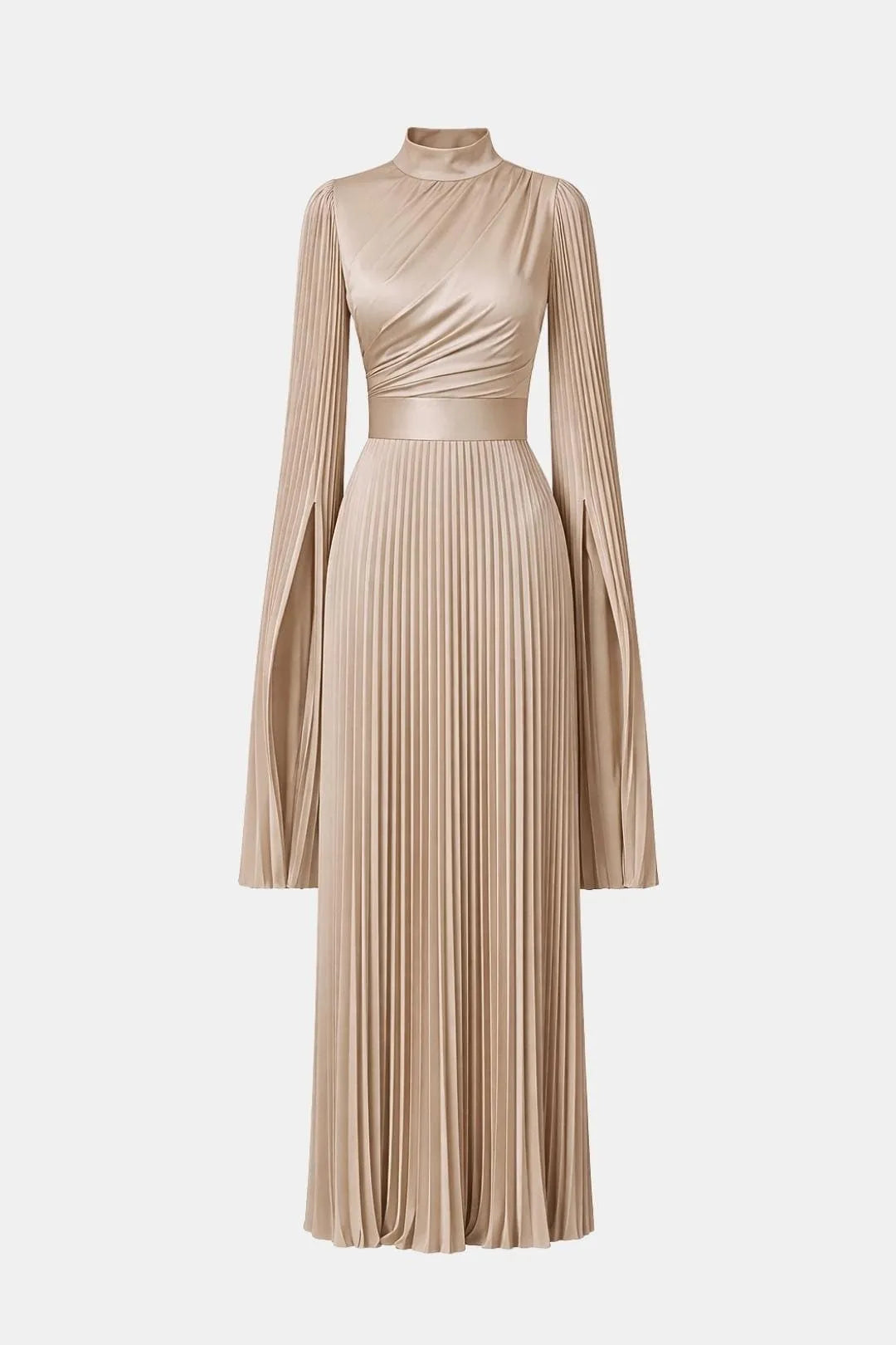 Women's Pleated Formal Maxi Wedding Guest Dress with High Neck