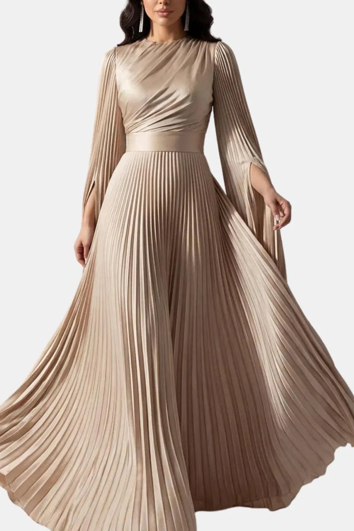 Women's Pleated Formal Maxi Wedding Guest Dress with High Neck