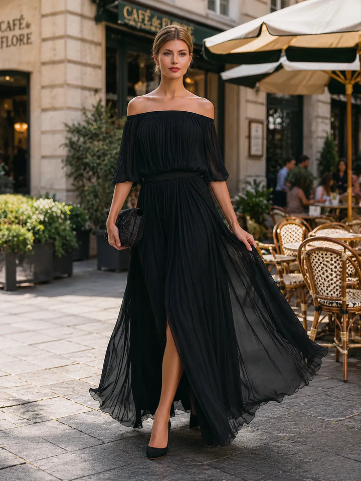 Women's Pleated Formal Maxi Wedding Guest Dress with Slit