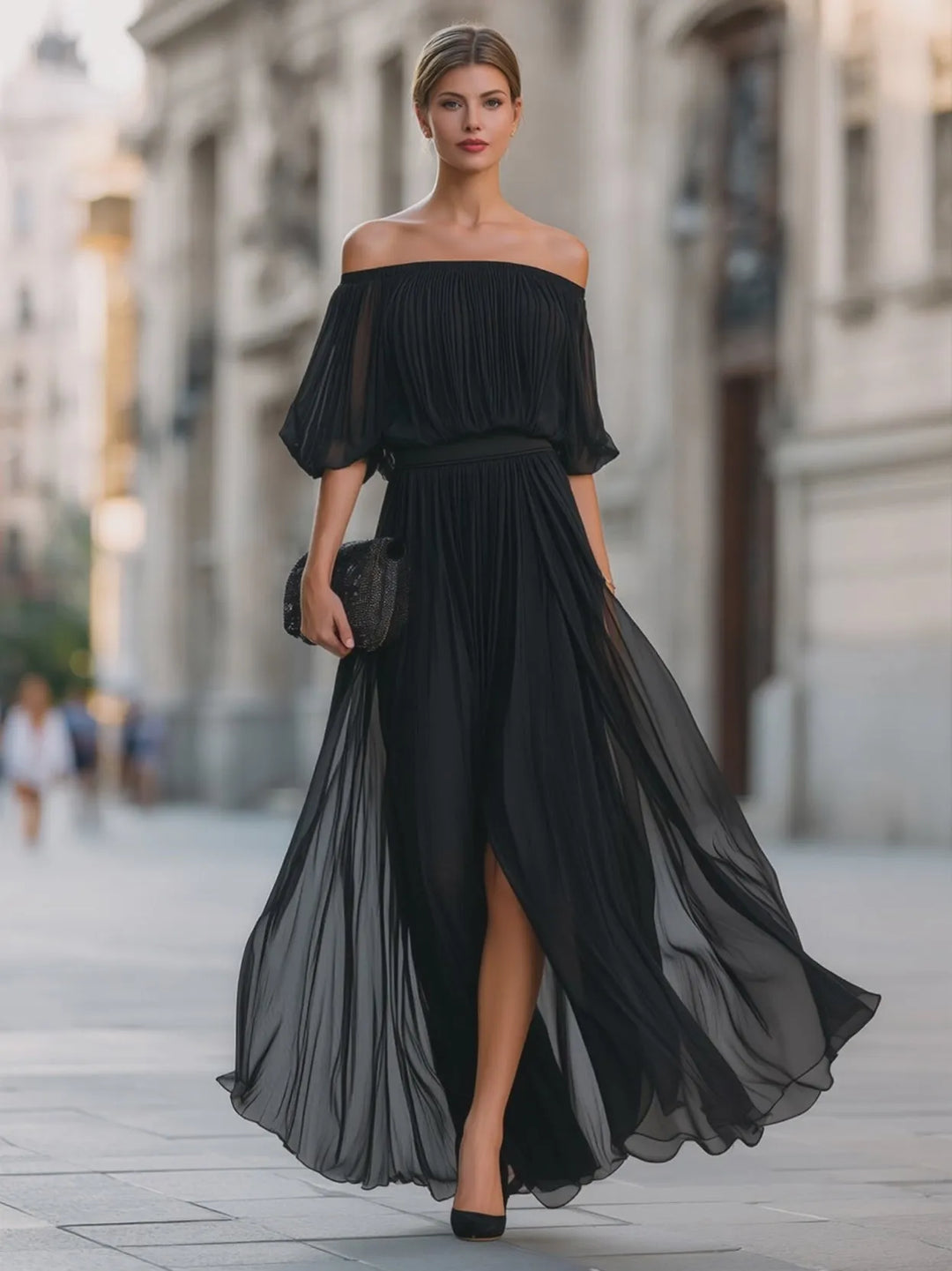 Women's Pleated Formal Maxi Wedding Guest Dress with Slit