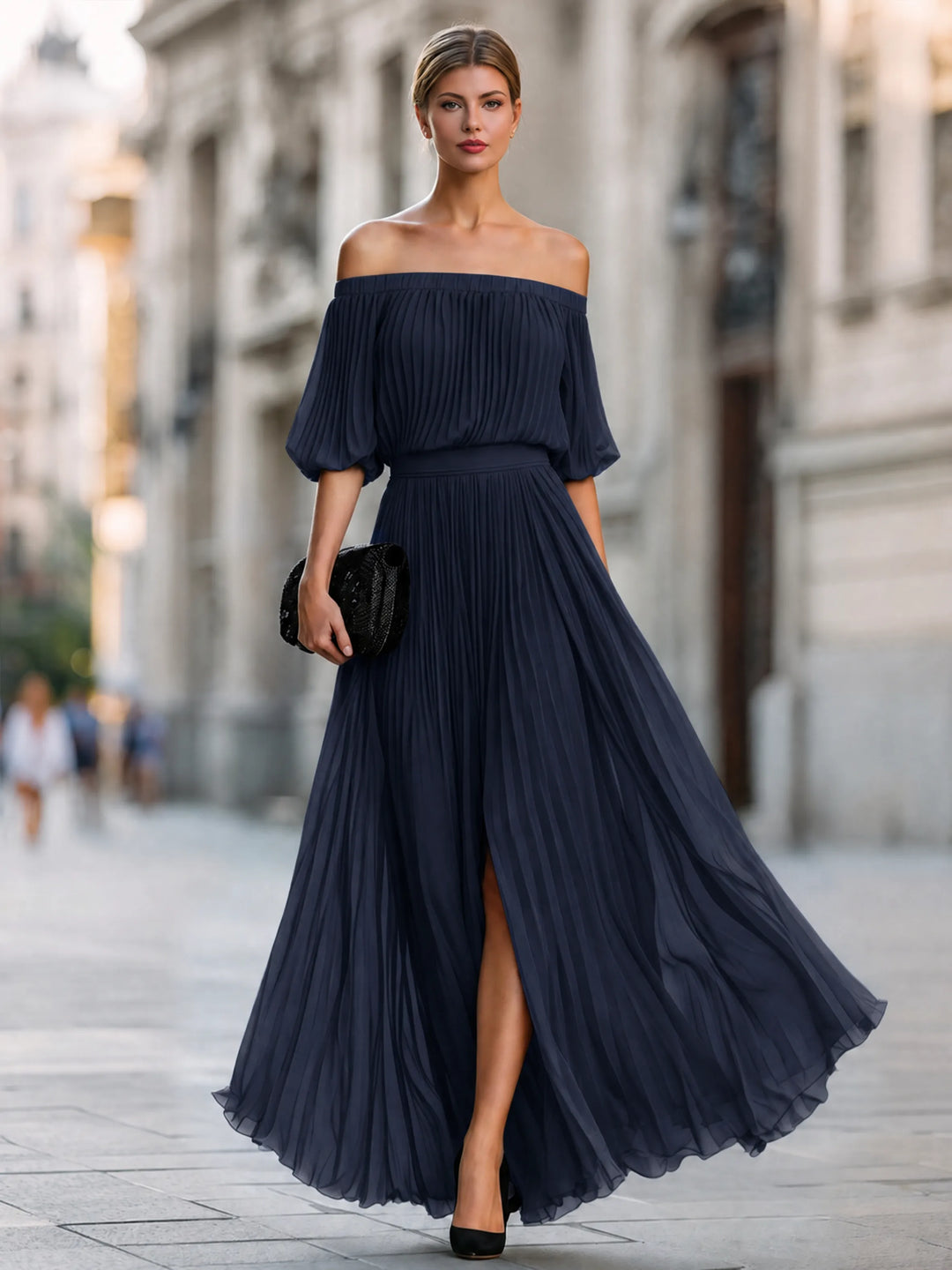 Women's Pleated Formal Maxi Wedding Guest Dress with Slit