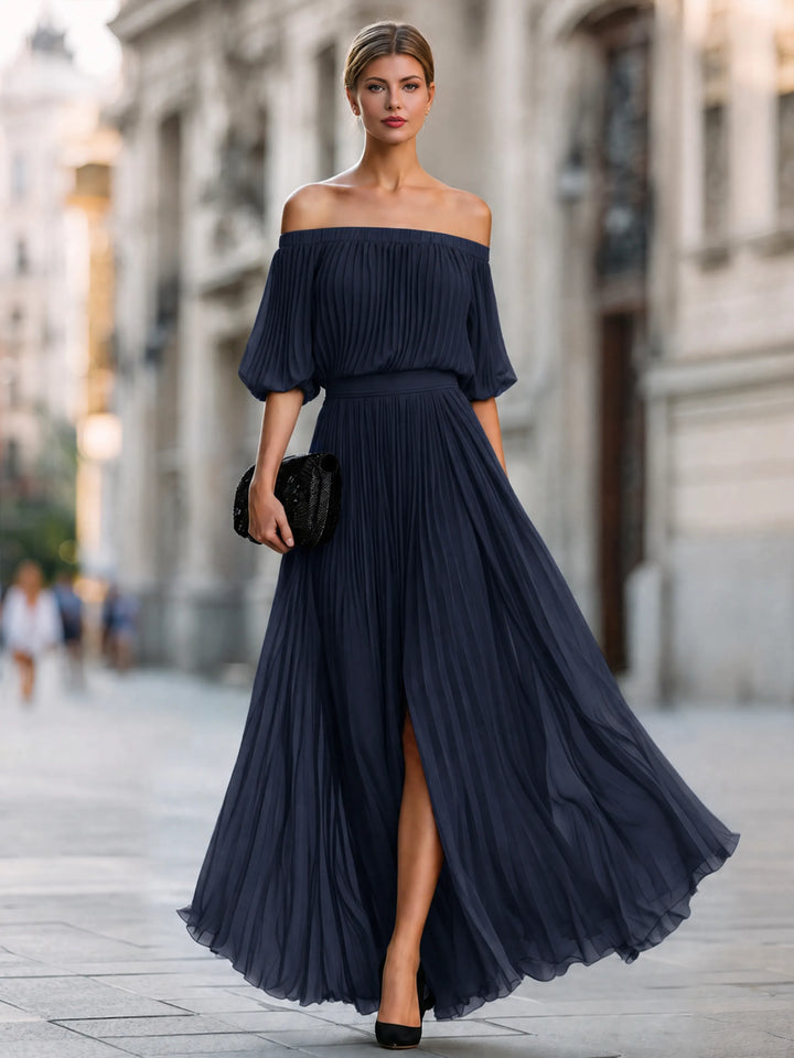 Women's Pleated Formal Maxi Wedding Guest Dress with Slit