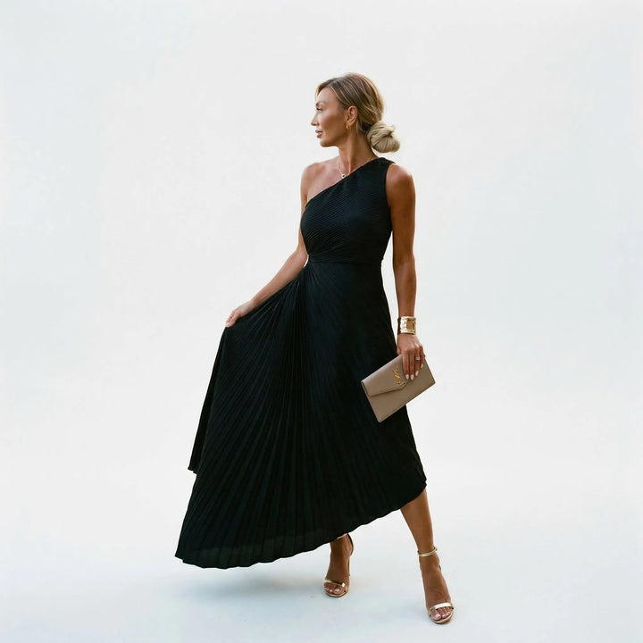 Women's Pleated One Shoulder Maxi Wedding Guest Dress with A-Line Skirt