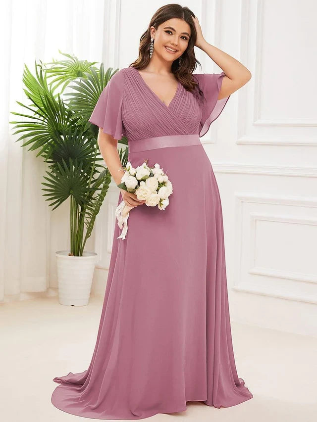 Women's Plus Size Formal Maxi  Wedding Guest Dress with Flutter Sleeves