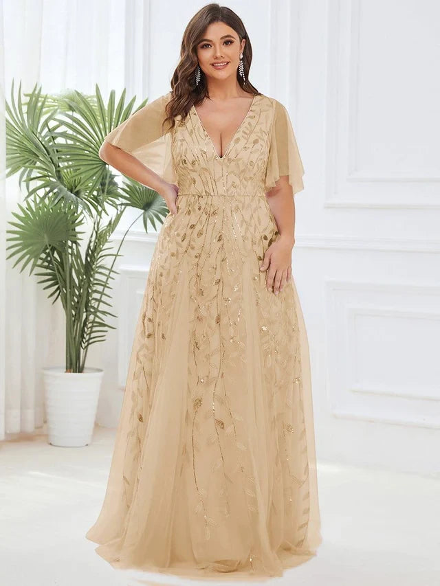 Women's Plus Size Formal Maxi Wedding Guest Dress with V-Neck
