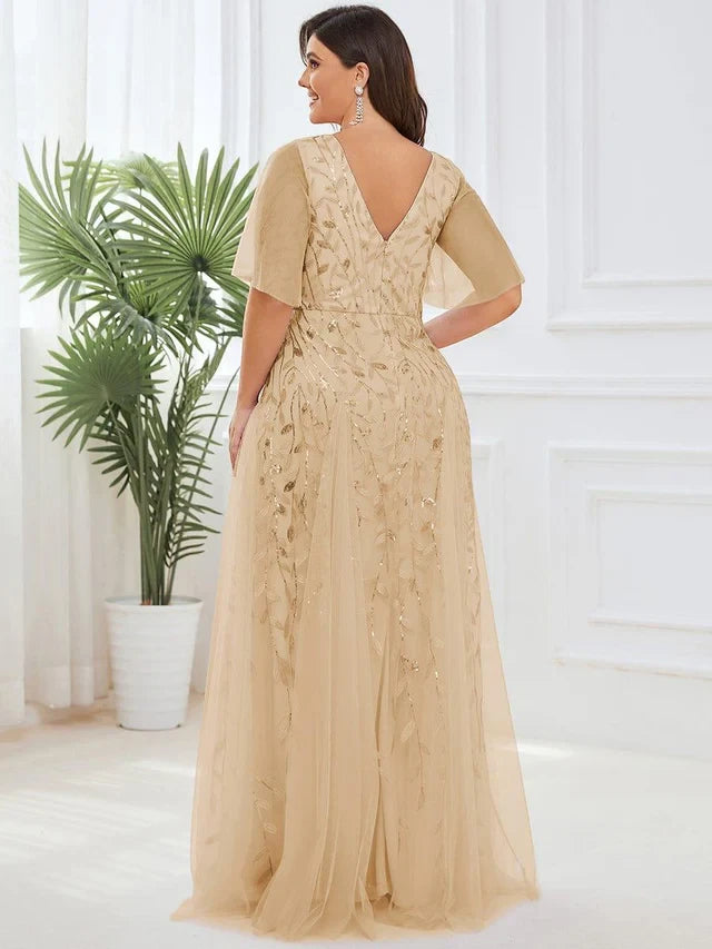 Women's Plus Size Formal Maxi Wedding Guest Dress with V-Neck