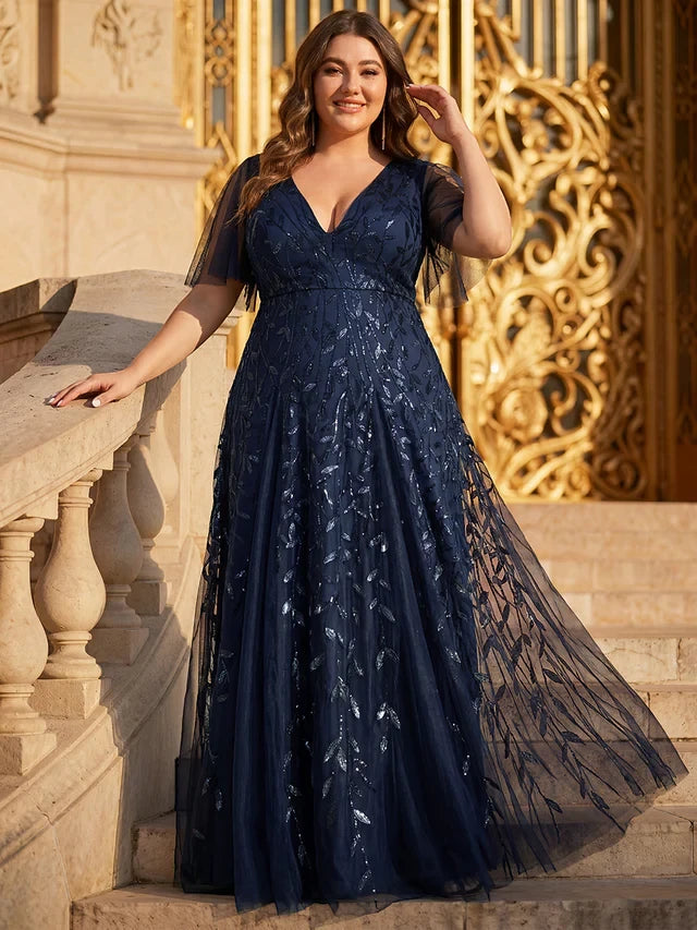Women's Plus Size Formal Maxi Wedding Guest Dress with V-Neck