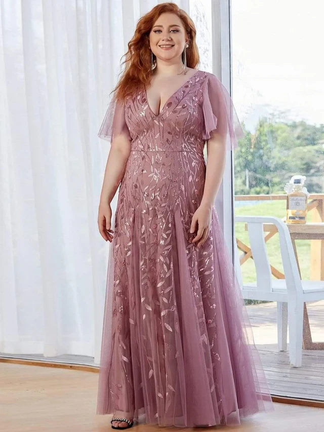Women's Plus Size Formal Maxi Wedding Guest Dress with V-Neck