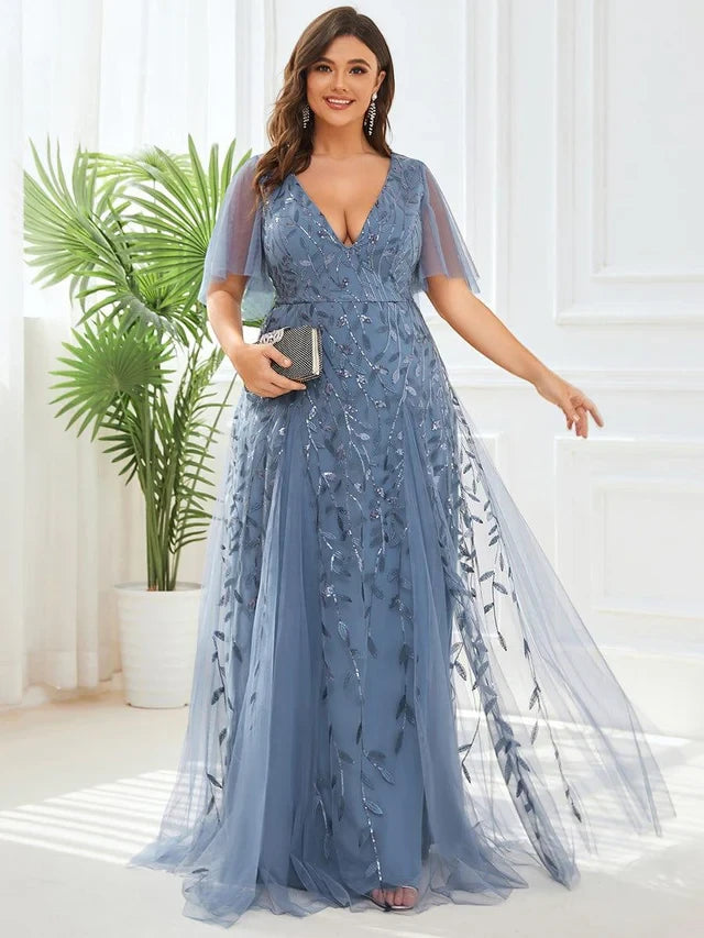 Women's Plus Size Formal Maxi Wedding Guest Dress with V-Neck