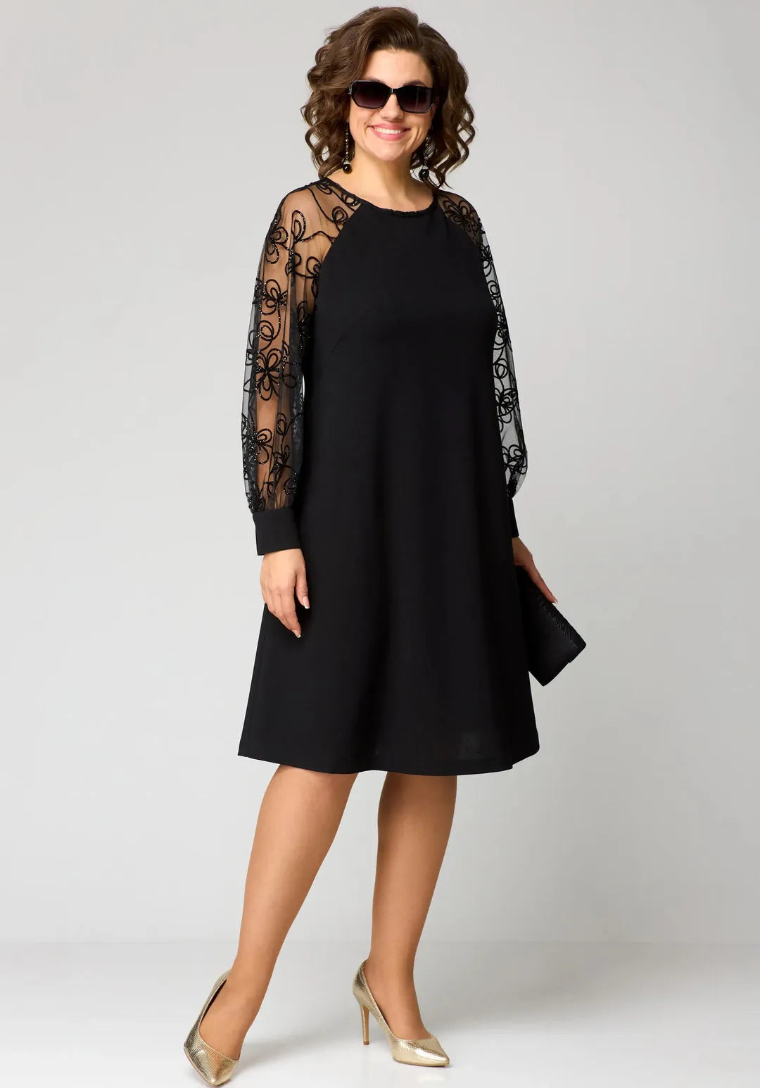 Women's Plus Size Long Sleeve Midi Wedding Guest Dress with Lace