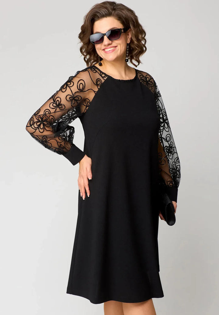 Women's Plus Size Long Sleeve Midi Wedding Guest Dress with Lace