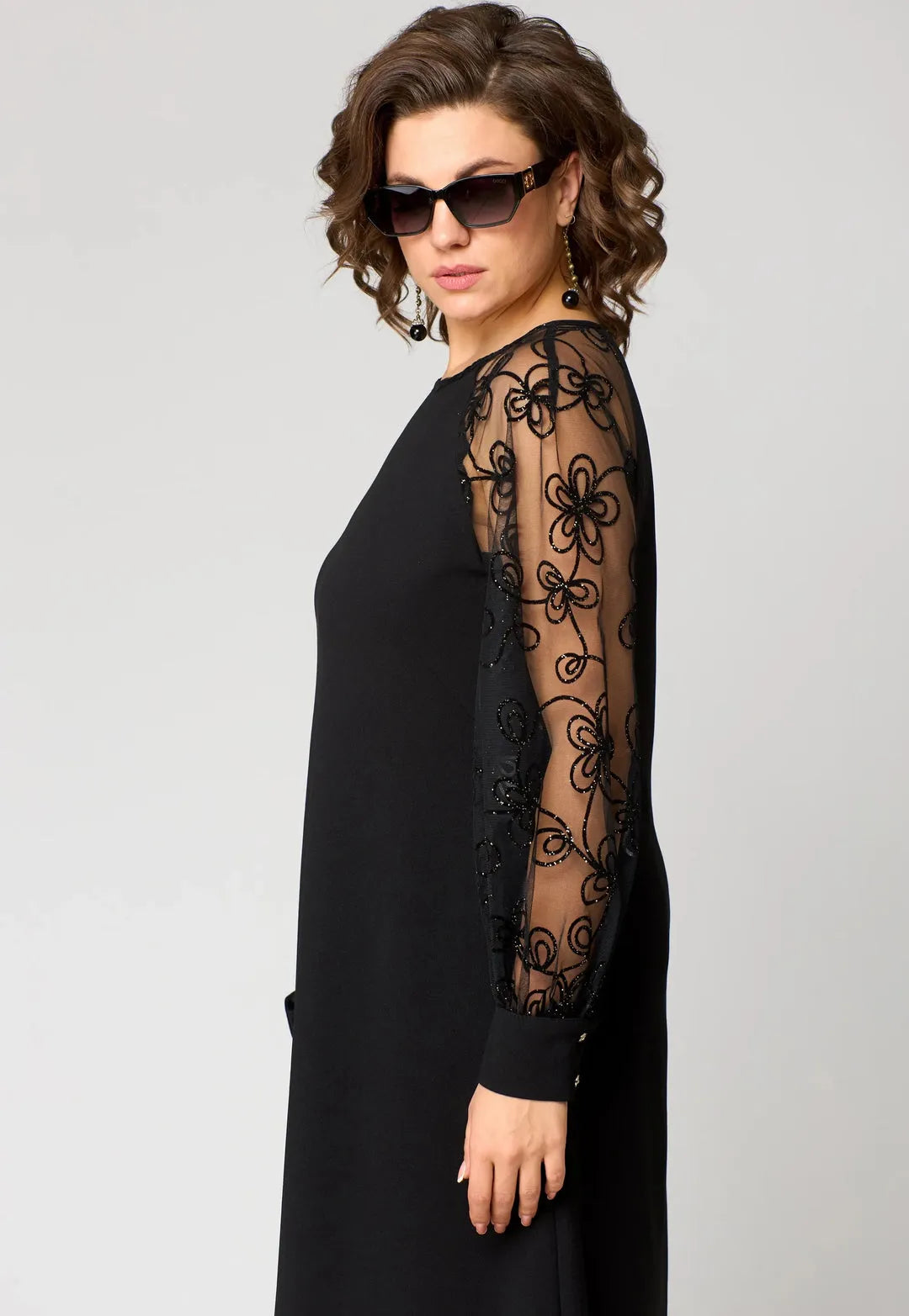 Women's Plus Size Long Sleeve Midi Wedding Guest Dress with Lace