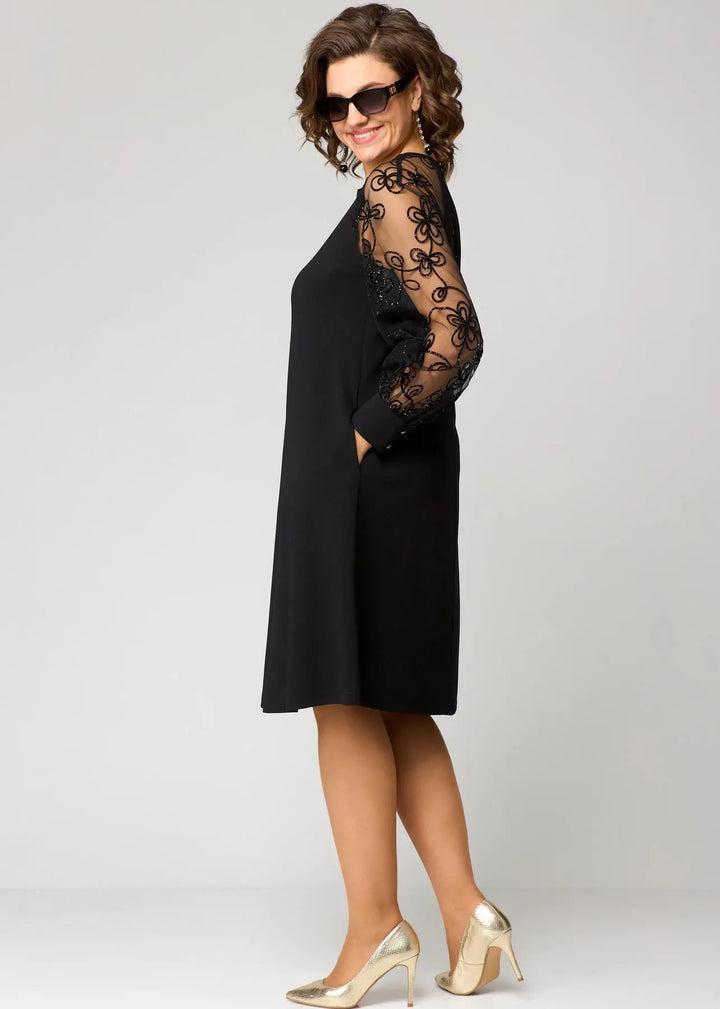 Women's Plus Size Long Sleeve Midi Wedding Guest Dress with Lace